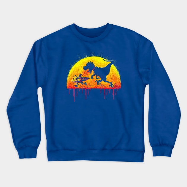 T Rex Dino Surfin Crewneck Sweatshirt by Mudge